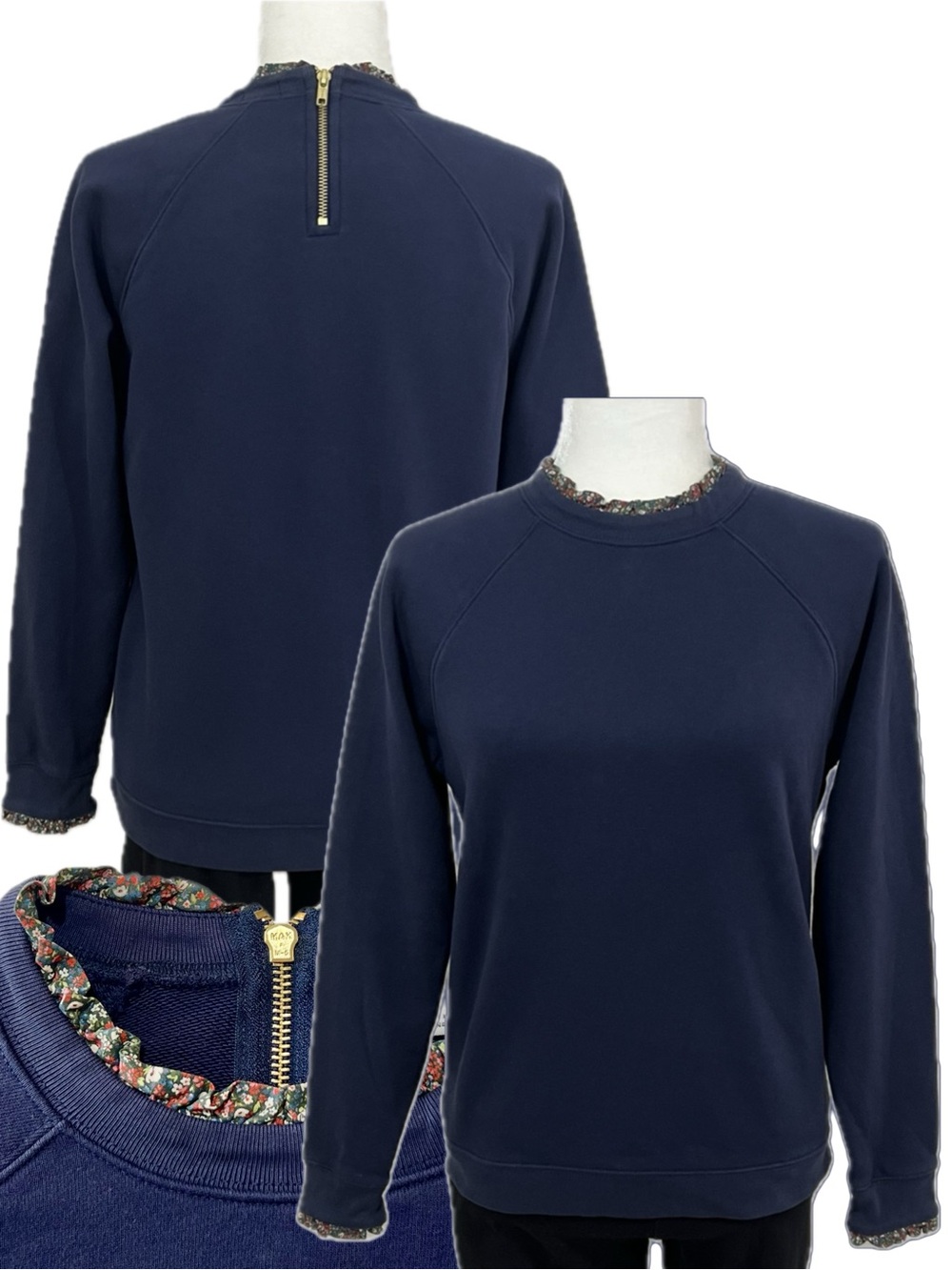 J. Crew Woven Ruffleneck Pullover Sweatshirt Floral Trim Gold Zip Navy Small